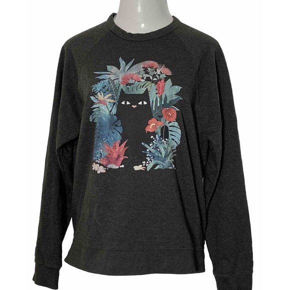 Delta Fleece Sweatshirt Top Black Cat Hawaii Popoki Floral Long Sleeve XL - Picture 4 of 16